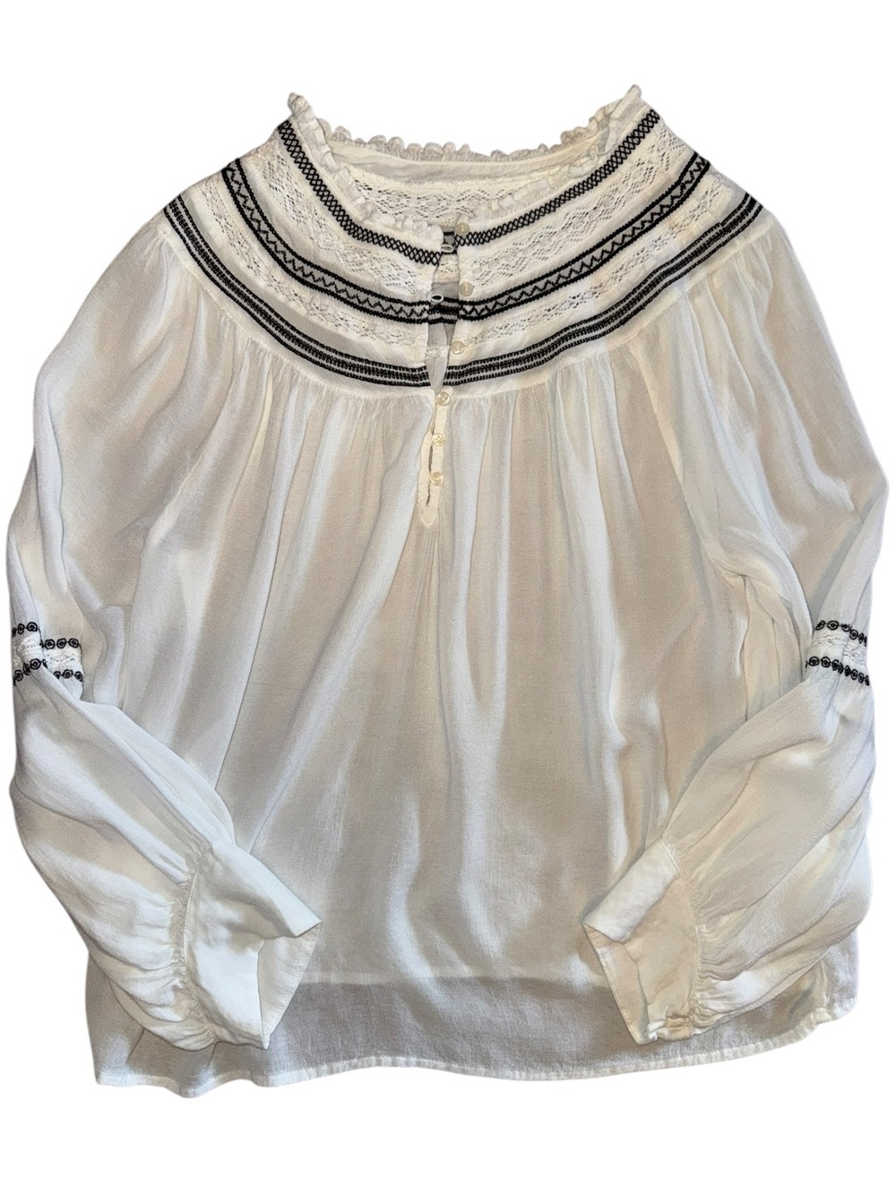 H&M Women’s Size 8 Ivory Black Embroidered Boho Long Sleeve Blouse
